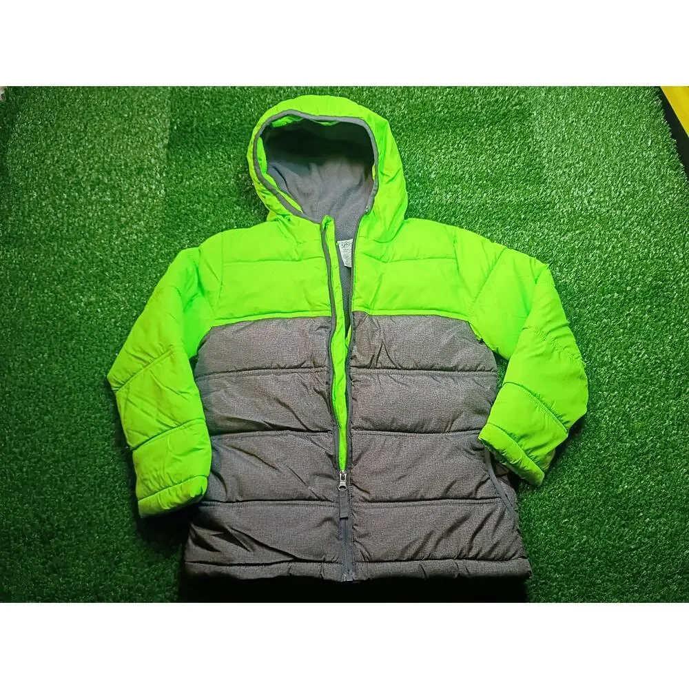 Cozy Faded Glory Kids' Gray & Green Puffer Jacket - Size 6/7